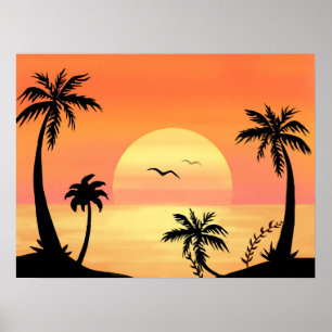 Poster Plage tropicale coucher de soleil Palm Tree Silhou