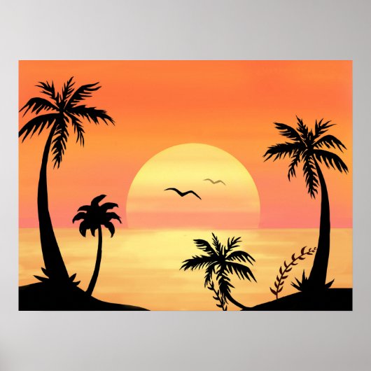 Poster Plage tropicale coucher de soleil Palm Tree Silhou (Devant)