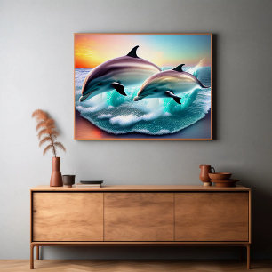 Poster Plage tropicale des Dolphins 3D Ocean Sunset Vibe