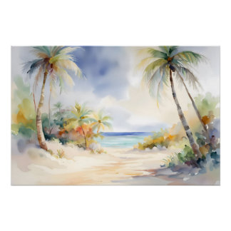 Poster Plage tropicale Sable blanc, Palmiers, Joie Serein