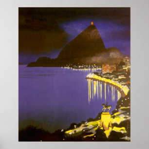 Poster Plage vintage la nuit à Rio de Janeiro, Brésil