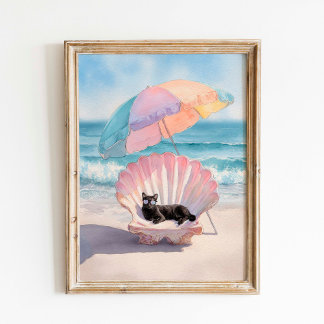 Poster Plage Whimsical Black Cat Imprimer : Chaise Seashe