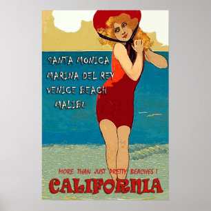 Poster Plages de Californie, femme en maillot de bain rou