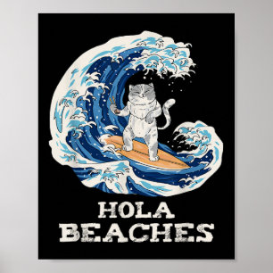 Poster Plages de chats drôle Japonais Hola Chat Surf