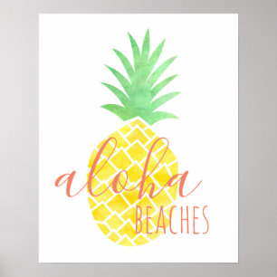 Poster Plages hawaïennes mignonnes d'ananas d'aquarelle