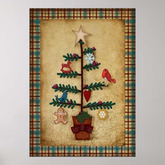 Poster Plaid Border Folk Art Arbre de Noël et ornements (Devant)