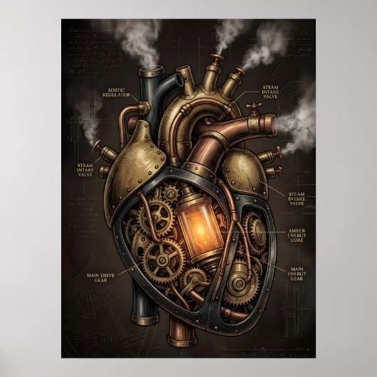 Poster Plan anatomique du cœur mécanique Steampunk (Devant)