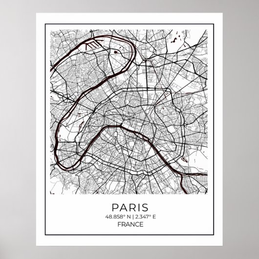 Poster Plan blanc de Paris - Carte Mur Décor Art (Devant)