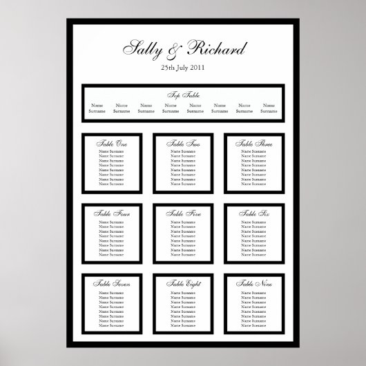 Poster Plan d'assise de table Mariage noir simple Imprime (Devant)