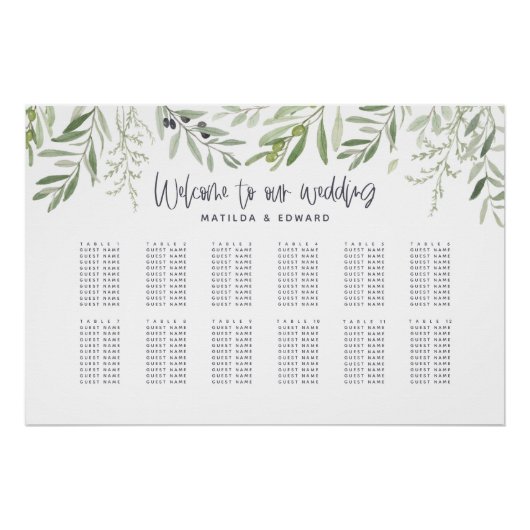 Poster Plan d'assise mariage vert du feuillage d'aquarell (Devant)