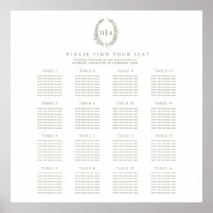 Poster Plan de 16 tables de mariage ovale élégant en vert