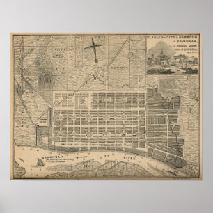 Poster Plan de la ville de Savannah antique