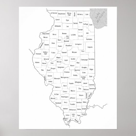 Poster Plan de l'état de l'Illinois avec comtés (Devant)