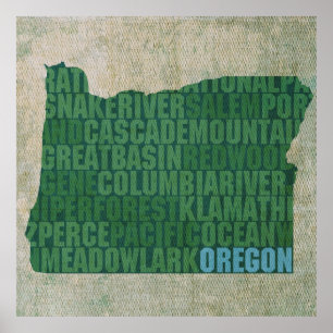 Poster Plan de l'état de l'Oregon - Plan de mots sur toil