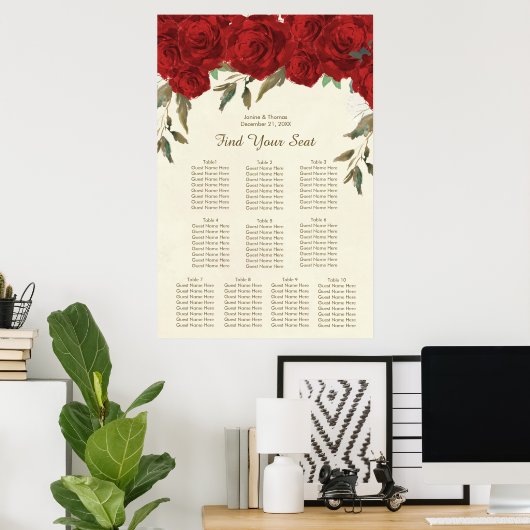 Poster plan de mariage à fleurs de roses rouges (Bureau à domicile)
