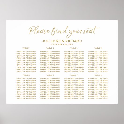 Poster Plan de siège mariage 8 tables Panneau or (Devant)