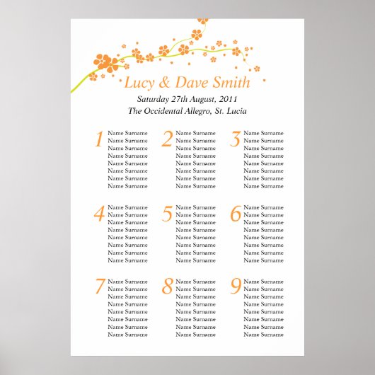 Poster Plan de siège Mariage à fleurs vert et orange (Devant)