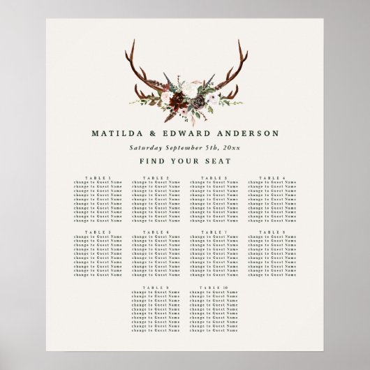 Poster Plan de sièges botanique fleuri rustique mariage (Devant)