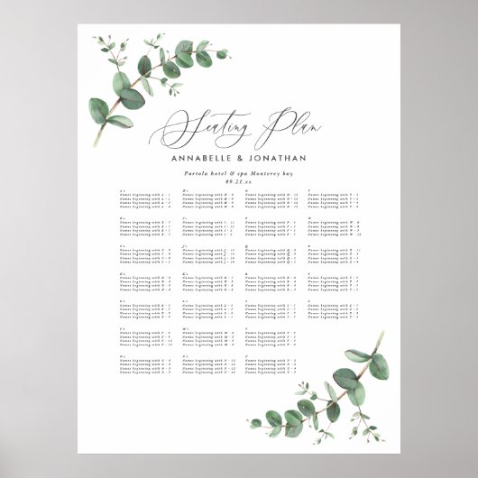 Poster Plan de sièges botaniques Eucalyptus Mariage Budge (Devant)