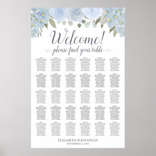 Poster Plan de table 30 tables Roses Bleu Poussiéreux Boh