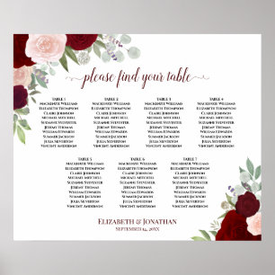 Poster Plan de table à 7 tables avec roses rouges et rose