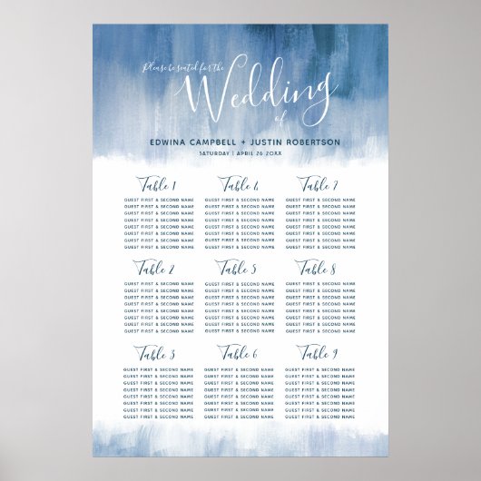 Poster Plan de table abstrait gris bleu pour mariage (Devant)