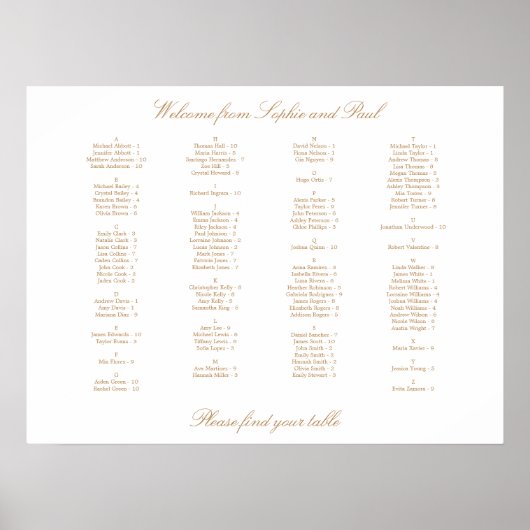 Poster Plan de table alphabétique Beige Doré Blanc (Devant)