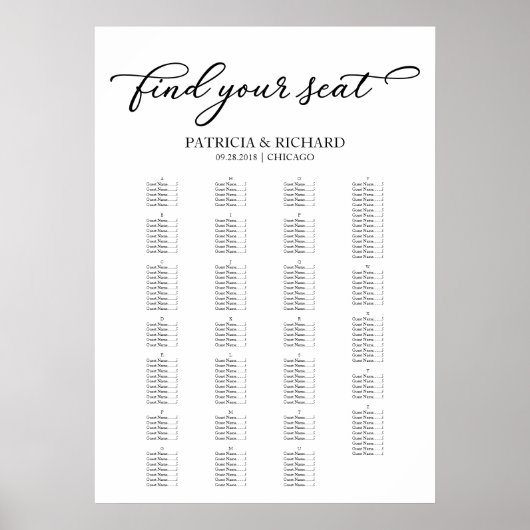 Poster Plan de table alphabétique Chic Script Noir (Devant)