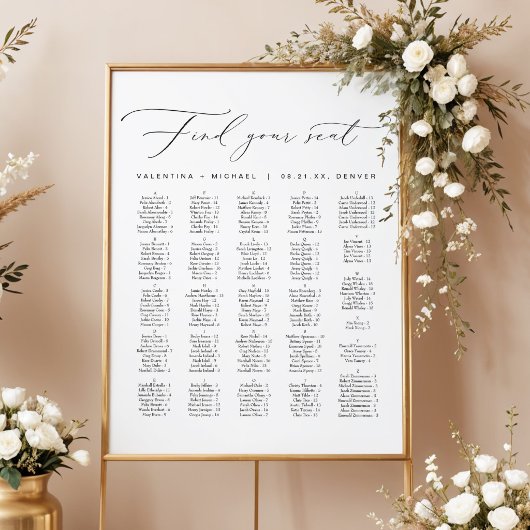 Poster Plan de table alphabétique de mariage à calligraph