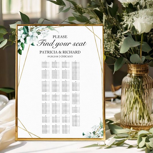 Poster Plan de table alphabétique en verdure géométrique