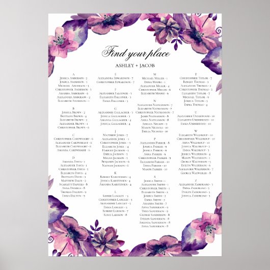 Poster Plan de table alphabétique. Fleurs violettes et ro (Devant)