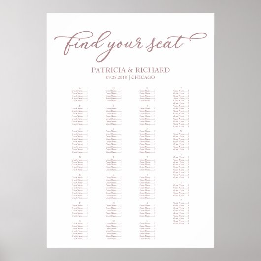 Poster Plan de table alphabétique Rose Gold Script (Devant)