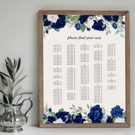 Poster Plan de table alphabétique Roses Bleu Royal
