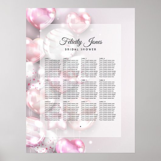 Poster Plan de table avec ballons rose et or rose (Devant)