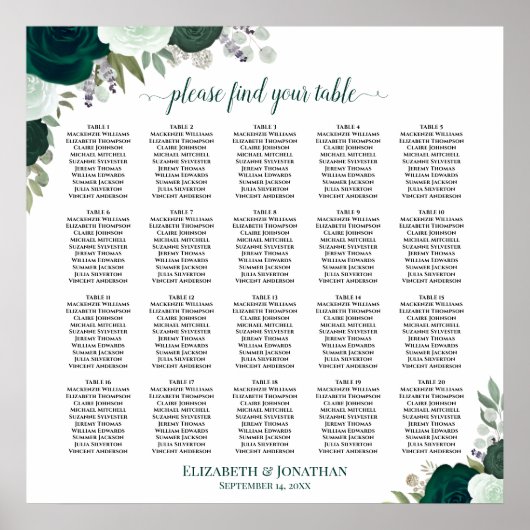 Poster Plan de table bohème émeraude floral pour 20 table (Devant)