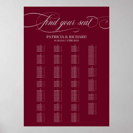 Poster Plan de table Bourgogne Marsala alphabétique (Devant)