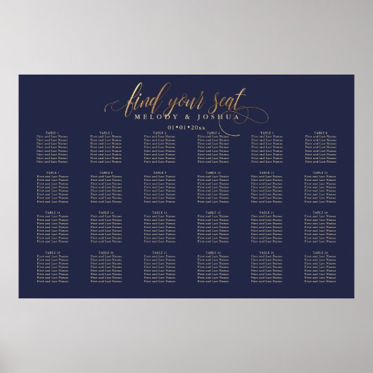 Poster Plan de table calligraphié PixDezines Navy+Or (Devant)