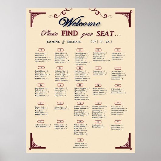 Poster Plan de table chic mariage Bourgogne, Nuit et Ivoi (Devant)