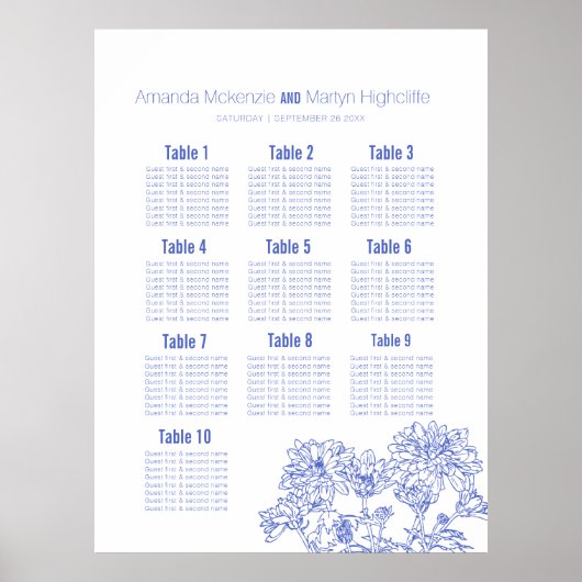 Poster plan de table d'art dessiné bleu mariage chrysanth (Devant)