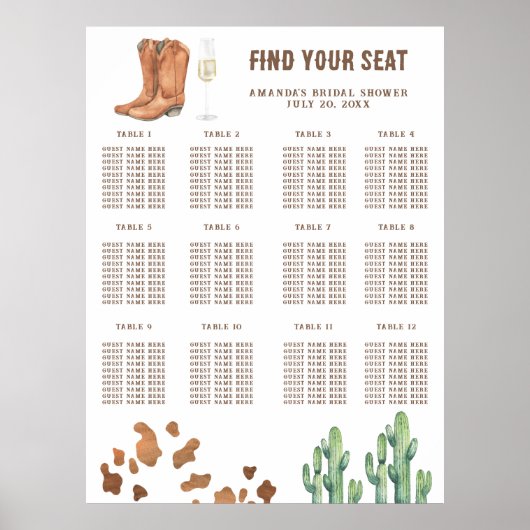 Poster Plan de table de Baby Shower Boots and Bubbly (Devant)