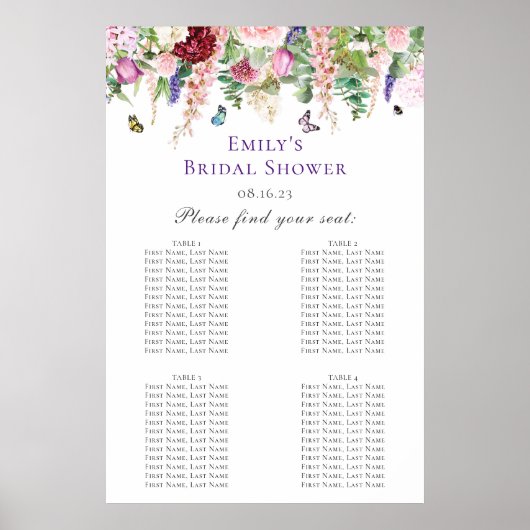 Poster Plan de table de Baby Shower Floral & Papillon (Devant)