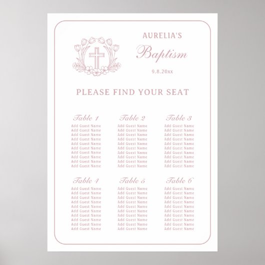 Poster Plan de table de baptême simple croix florale rose (Devant)