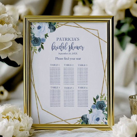 Poster Plan de table de la douche de mariée Fleurs dorées