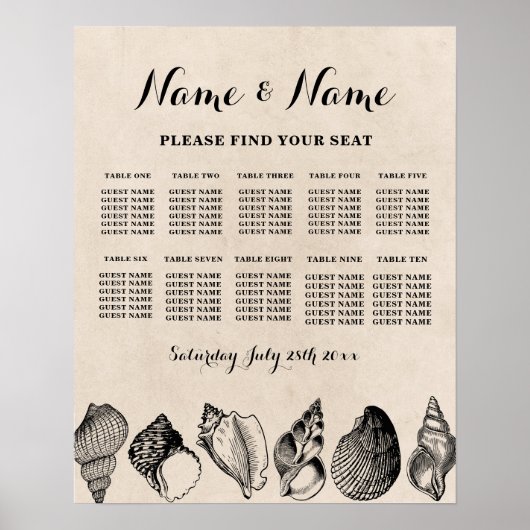 Poster Plan de table de mariage 10 Coquillages de mer Pla (Devant)