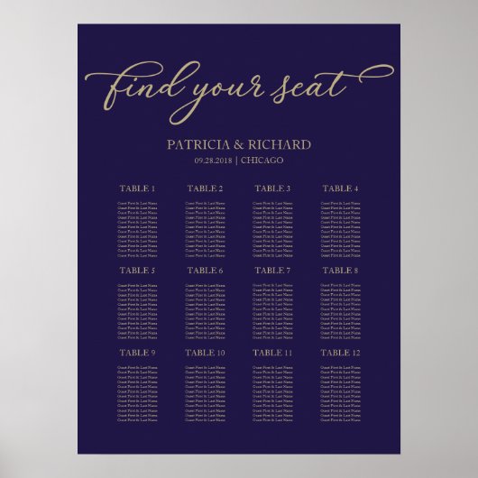 Poster Plan de table de mariage 12 tables chic or bleu ma (Devant)