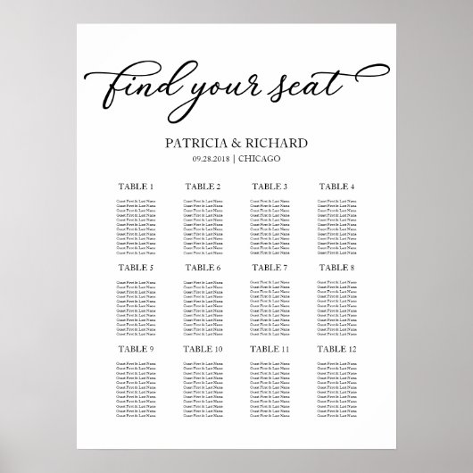 Poster Plan de table de mariage 12 tables Chic Script (Devant)