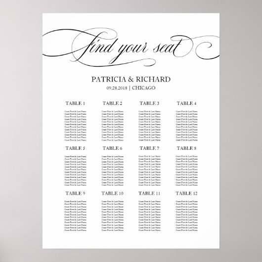 Poster Plan de table de mariage 12 tables écriture noire (Devant)