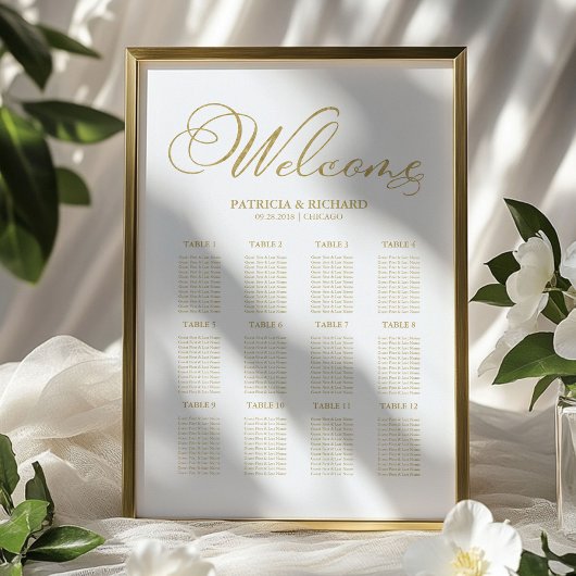 Poster Plan de table de mariage 12 tables Feuille d'or