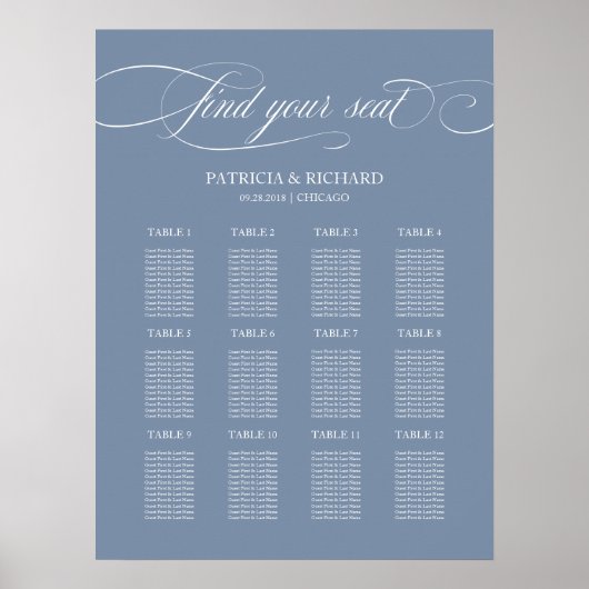 Poster Plan de table de mariage 12 tables Panneau Bleu Po (Devant)