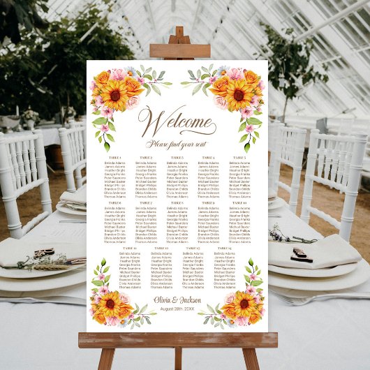 Poster Plan de table de mariage 14 tables Tournesol Rose